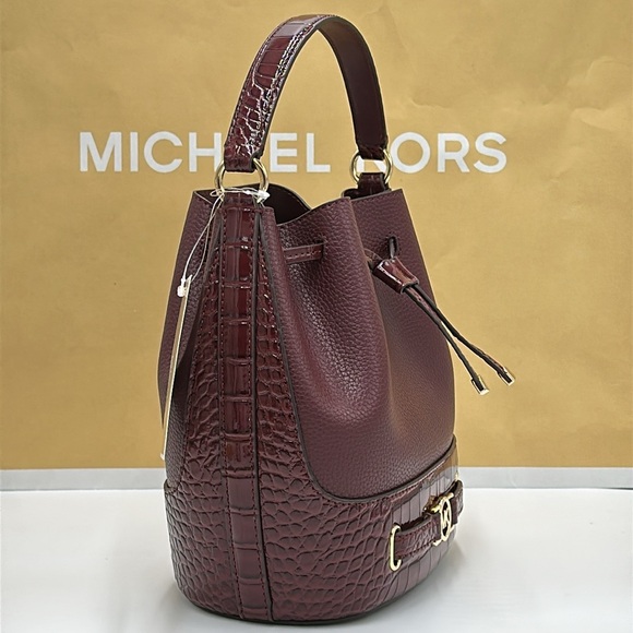 MICHAEL KORS  Reed Medium Pebbled Leather Bucket Bag Satchel Crossbody Oxblood - Picture 4 of 15